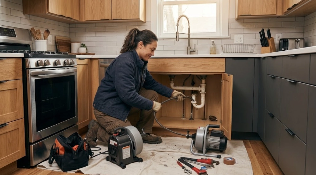 Plumber clearing stubborn kitchen sink grease blockage using professional motorized drain cable
