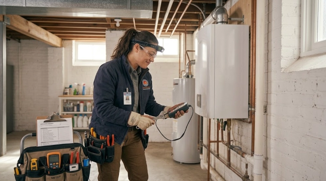 High-efficiency residential heating boiler diagnostic inspection and burner servicing