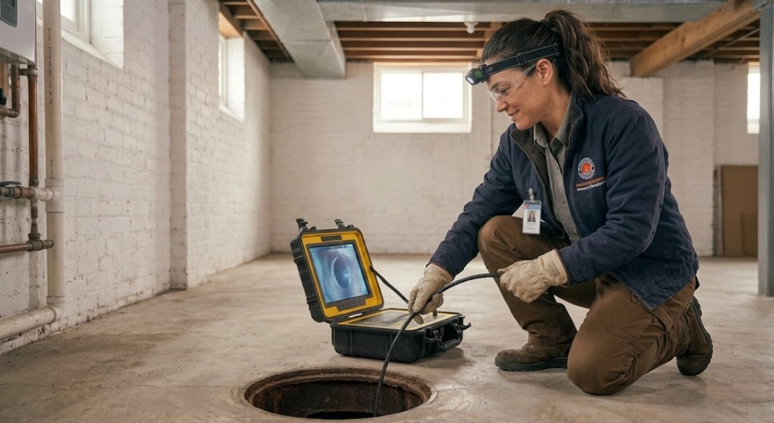 Plumbing technician monitoring high-definition optical sewer camera inspection