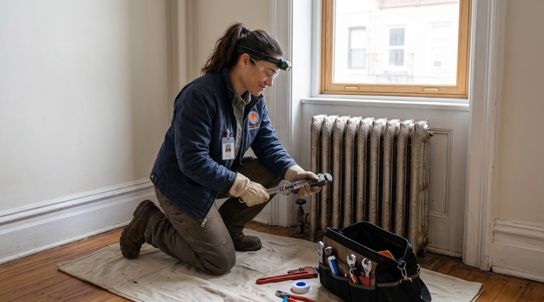 Technician repairing steam radiator valve and air vent in New Springville