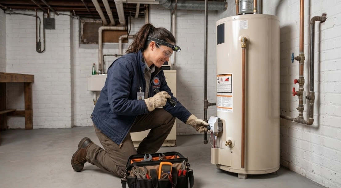 Plumber troubleshooting atmospheric gas water heater burner and relief valve